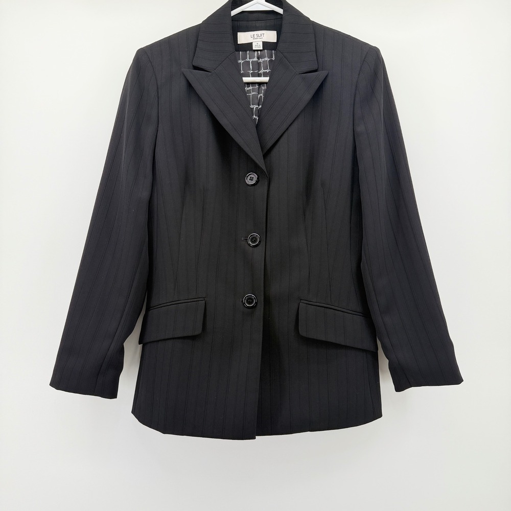 Le Suit Essentials Womens Black Pinstripe 3 Button Blazer Jacket Size 6
